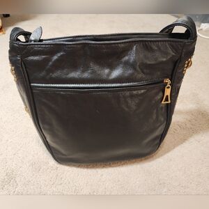 Dawli Large Black Soft Leather Shoulder Bag Jeweled Sides Long Strap Old Money